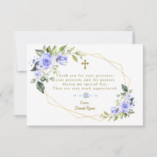 Carte De Remerciements Fleurs bleues Gold Frame Cross Garçon Baptême
