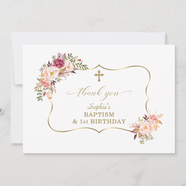 Carte De Remerciements Fleurs bleues Gold Girl 1er Anniversaire Baptême (Devant)