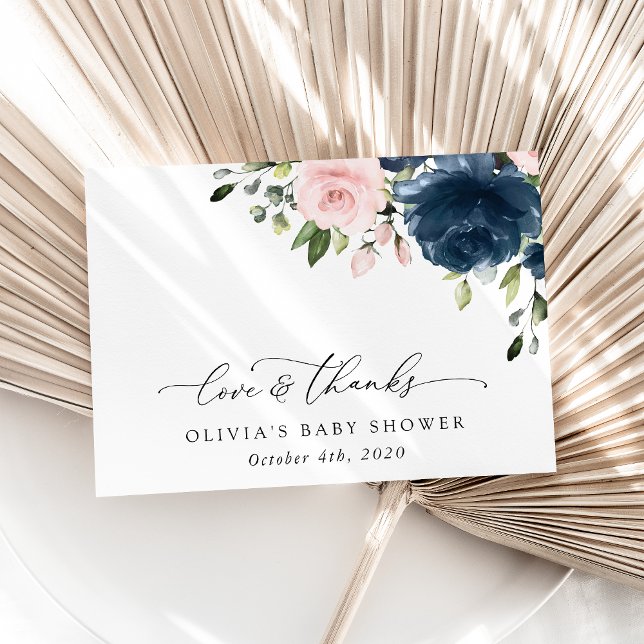 Carte De Remerciements Fleurs Bleues Marine, Fleurs Roses, Baby shower (Créateur téléchargé)