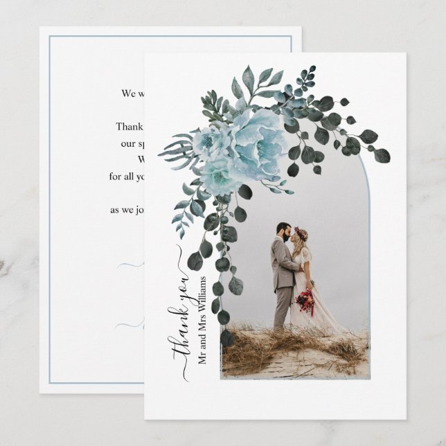 Carte De Remerciements Fleurs bleues poussiéreuses, arc avec mariage de a (Devant / Derrière)