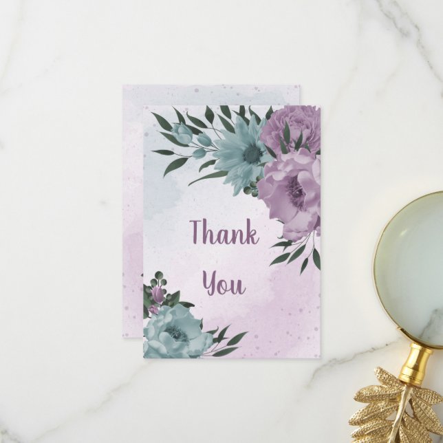 Carte De Remerciements fleurs bleues violettes mariage botanique (Devant/Arrière en situation)