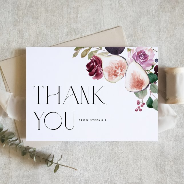 Carte De Remerciements Fleurs botaniques de Bourgogne aux figues et aux b (Rustic botanical thank you card featuring watercolor figs, berries and burgundy flowers. )