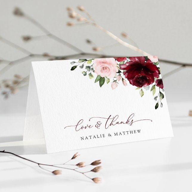 Carte De Remerciements Fleurs Bourgogne, Fleurs roses, Verdure, Mariage (Créateur téléchargé)