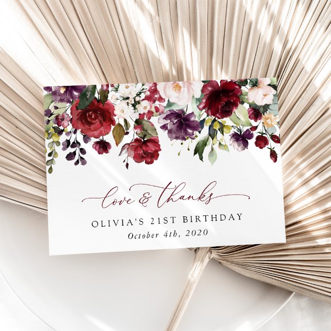 Carte De Remerciements Fleurs Bourgognes, Fleurs Roses, Boho, Anniversair (Créateur téléchargé)