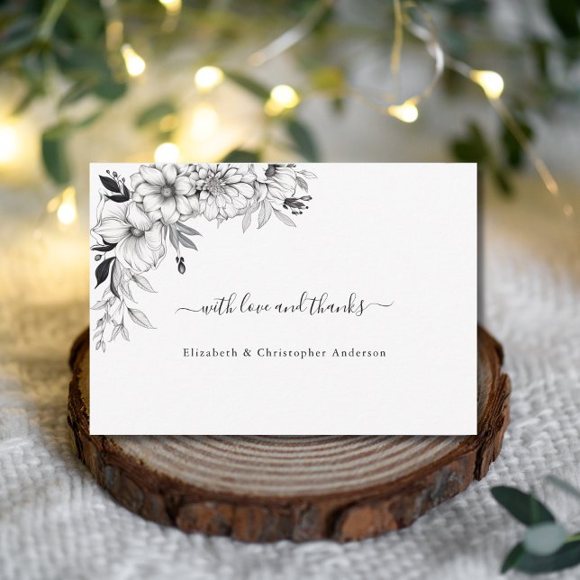 Carte De Remerciements Fleurs d'art à trait main Mariage noir blanc (Hand drawn line drawn floral black white wedding thank you card)