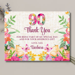 Carte De Remerciements Fleurs de 90 ans - Linge de papillon 90e anniversa