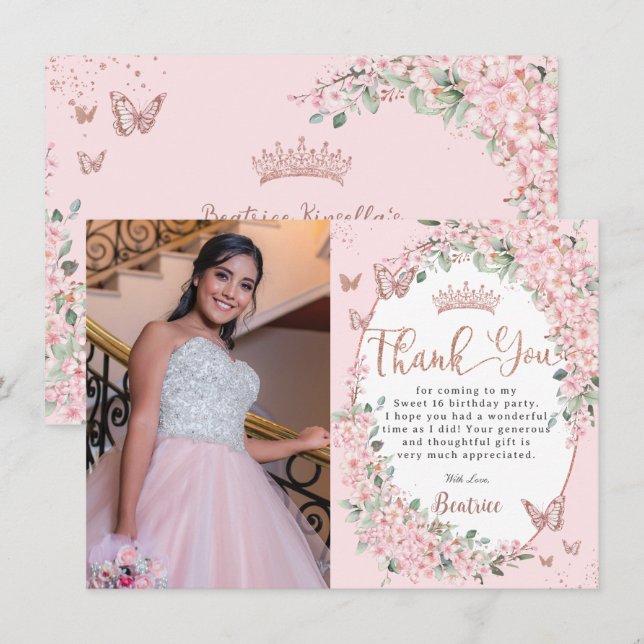Carte De Remerciements Fleurs de cerisier Papillons floraux Sweet sixteen (Devant / Derrière)