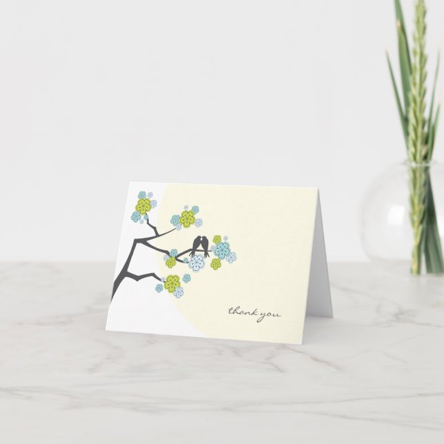 Carte De Remerciements Fleurs de cerisiers et Inséparables Mariage lunair (Devant)