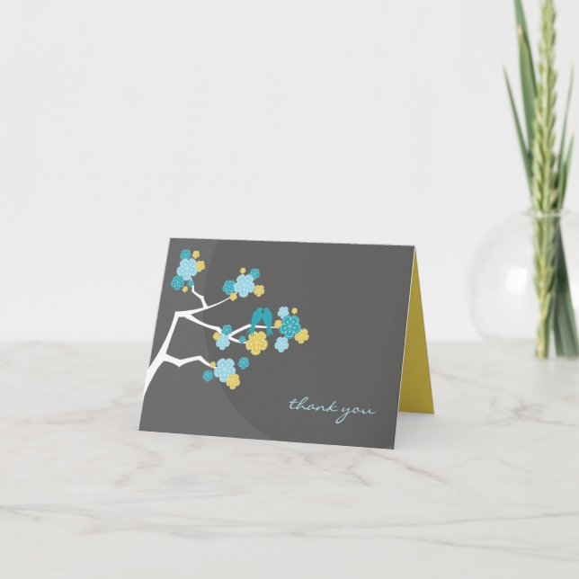 Carte De Remerciements Fleurs de cerisiers et Inséparables Mariage lunair (Devant)