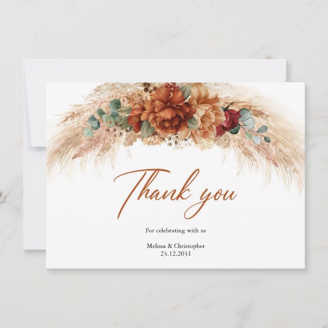 Carte De Remerciements Fleurs de cuivre orange brûlé pampas herbe ventila (Devant)