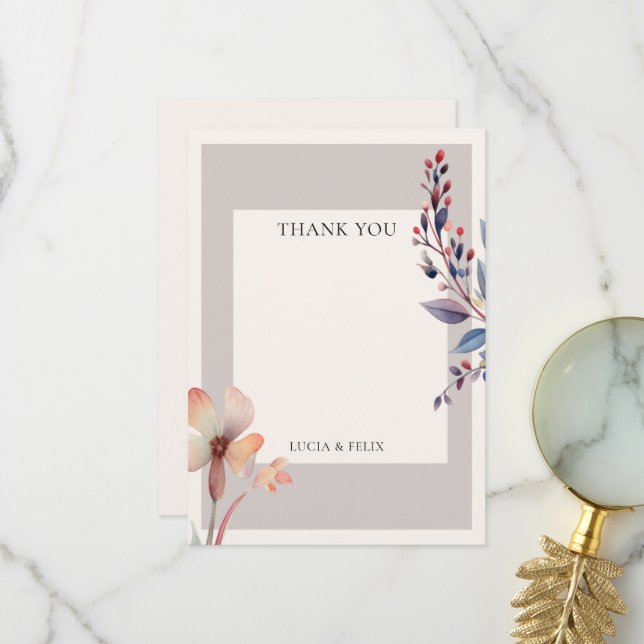 Carte De Remerciements Fleurs de feuilles bleues aquarelles classiques Ma (Devant/Arrière en situation)
