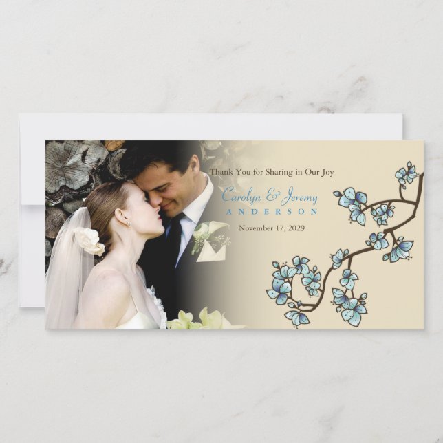 Carte De Remerciements Fleurs de fleurs de la Pêche Bleue Mariage asiatiq (Devant)