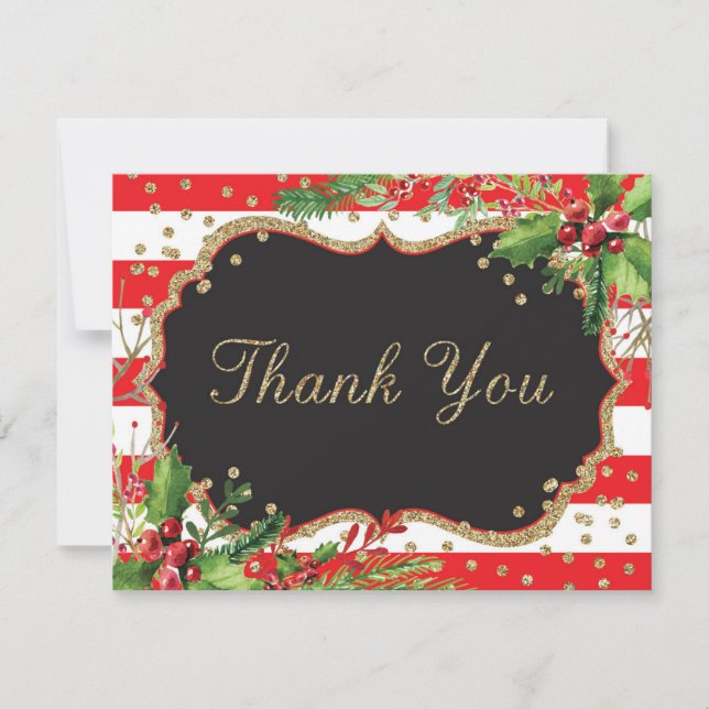 Carte De Remerciements Fleurs de Noël Rouge Noir Or Paillettes Confettis (Devant)