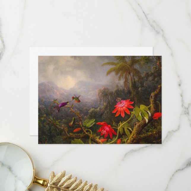 Carte De Remerciements Fleurs de passion avec trois colibris (Devant/Arrière en situation)