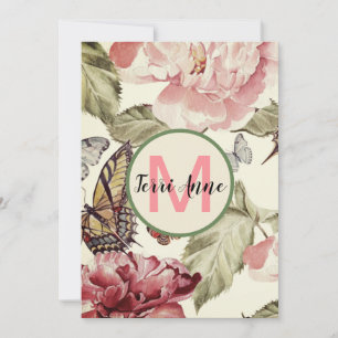 Carte De Remerciements Fleurs de pivoine et papillons avec initiale plate