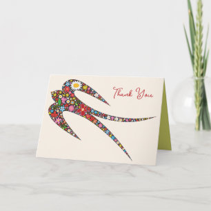 Carte De Remerciements Fleurs de printemps colorées d'oiseaux d'hirondell