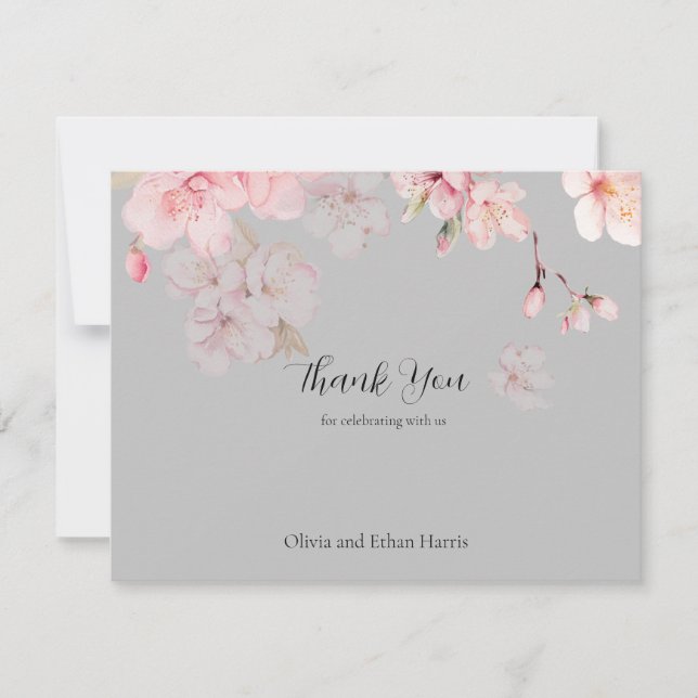 Carte De Remerciements Fleurs de Sakura rose chic sur gris (Devant)