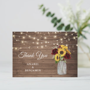 Carte De Remerciements Fleurs de soleil en bois rustique Mason Jar Mariag