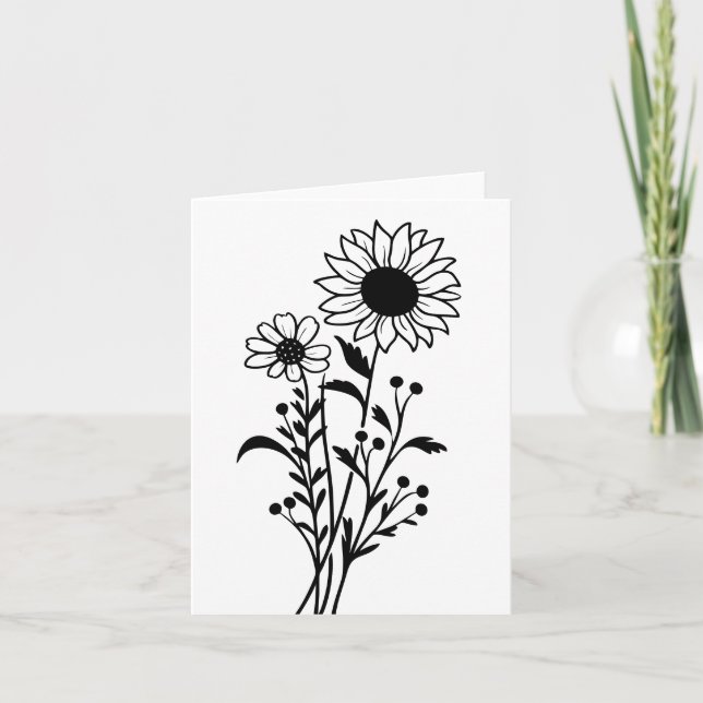 Carte De Remerciements Fleurs de soleil florales Noir Blanc Aimer Penser  (Devant)