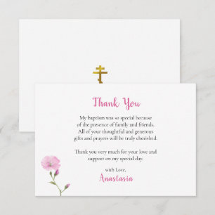 Carte De Remerciements Fleurs de vigne roses élégantes Baptême orthodoxe