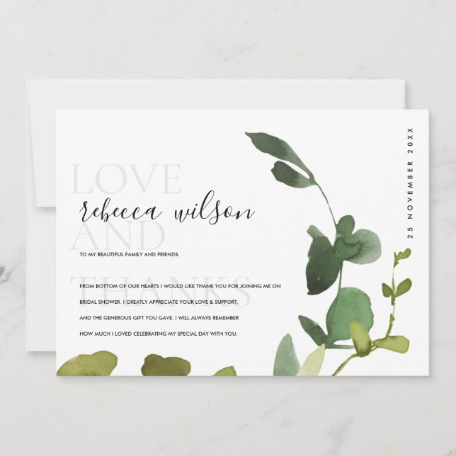 Carte De Remerciements Fleurs d'eucalyptus vert moderne pour Baby Shower (Devant)
