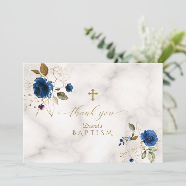 Carte De Remerciements Fleurs d'or Bleu délicat Croix d'or Baptême (Debout devant)