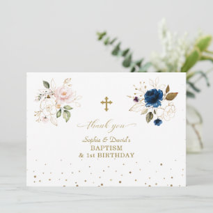Carte De Remerciements Fleurs d'or rose bleu Jumeaux 1er anniversaire Bap