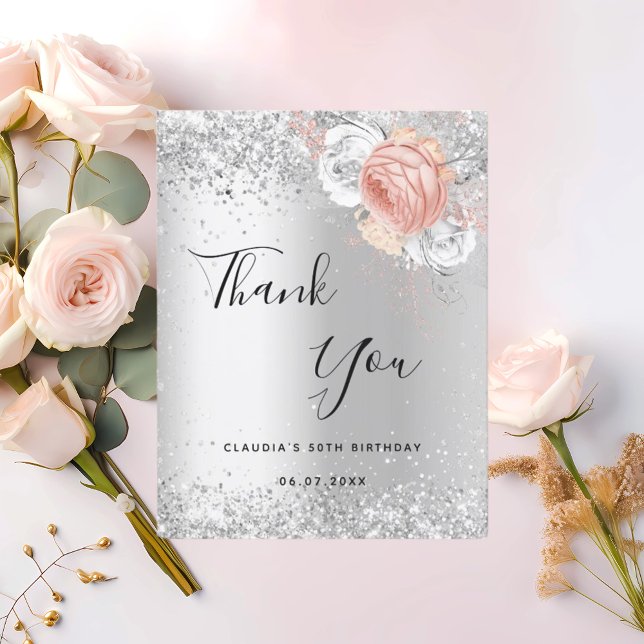 Carte De Remerciements Fleurs d'or rose d'argent (Créateur téléchargé)