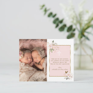 Carte De Remerciements Fleurs d'or rose Photo Girls Twins Baptême
