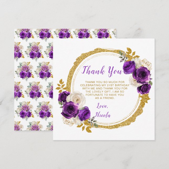 Carte De Remerciements Fleurs élégantes et violettes foncées et or Annive (Devant / Derrière)