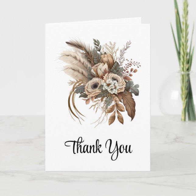 Carte De Remerciements Fleurs Élégantes Feuillage et plumes (Devant)