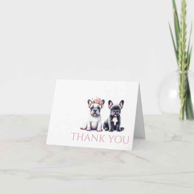 Carte De Remerciements Fleurs et Bulldogs français (Devant)