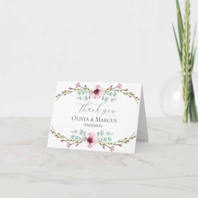 Carte De Remerciements Fleurs et feuillage d'anémones roses (Devant)