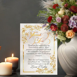 Carte De Remerciements Fleurs, Feuilles Dorées & Diadème - Quinceañera Pe