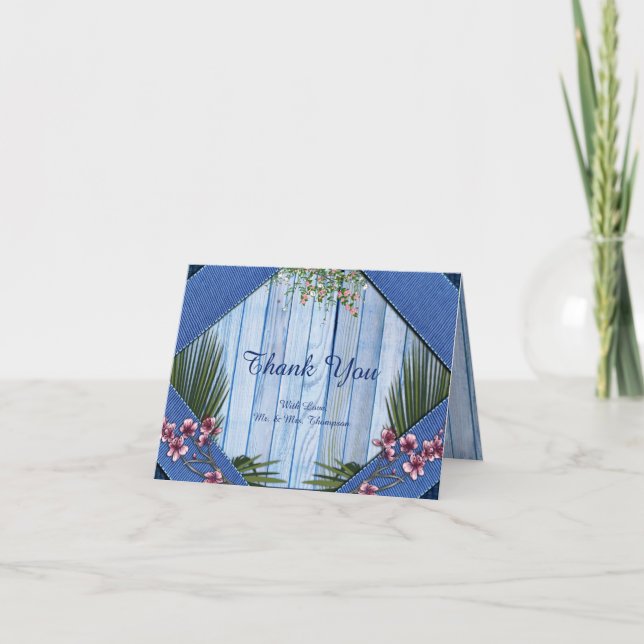 Carte De Remerciements Fleurs graphiques roses sur tissu en bois bleu (Devant)
