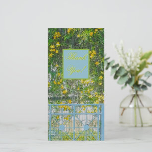 CARTE DE REMERCIEMENTS FLEURS JAUNES CASCADES ET PORTE BÉBÉ-BLEU