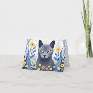 Carte De Remerciements Fleurs Jaunes Chat Bleu Russe