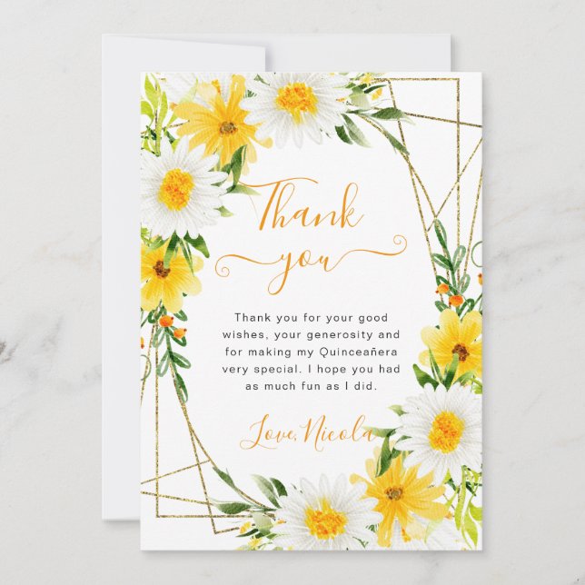 Carte De Remerciements Fleurs jaunes et marguerites Quinceanera (Devant)
