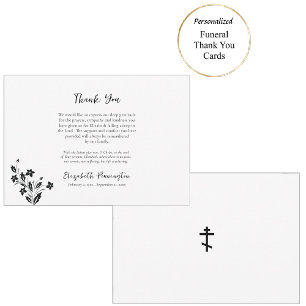Carte De Remerciements Fleurs noires et blanches élégantes Funérailles or
