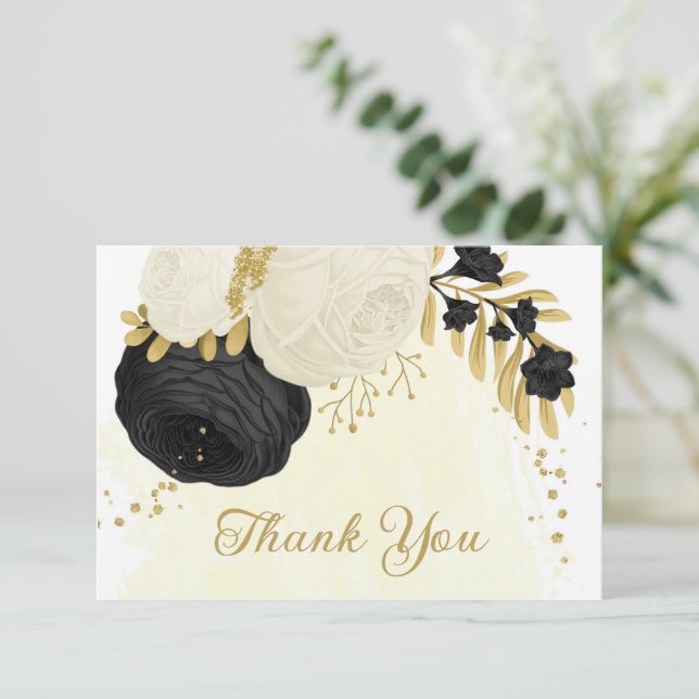 Carte De Remerciements fleurs noires et blanches or mariage botanique (Debout devant)
