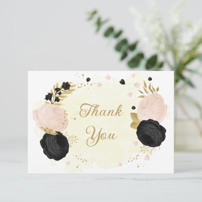 Carte De Remerciements fleurs noires et roses or mariage botanique remerc (Debout devant)