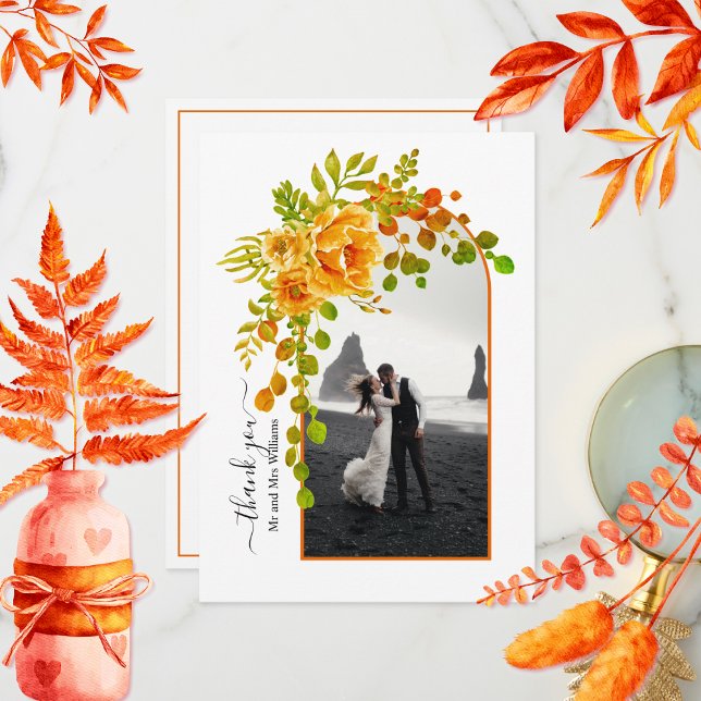Carte De Remerciements Fleurs orange, arche avec photo mariage d'automne  (Créateur téléchargé)