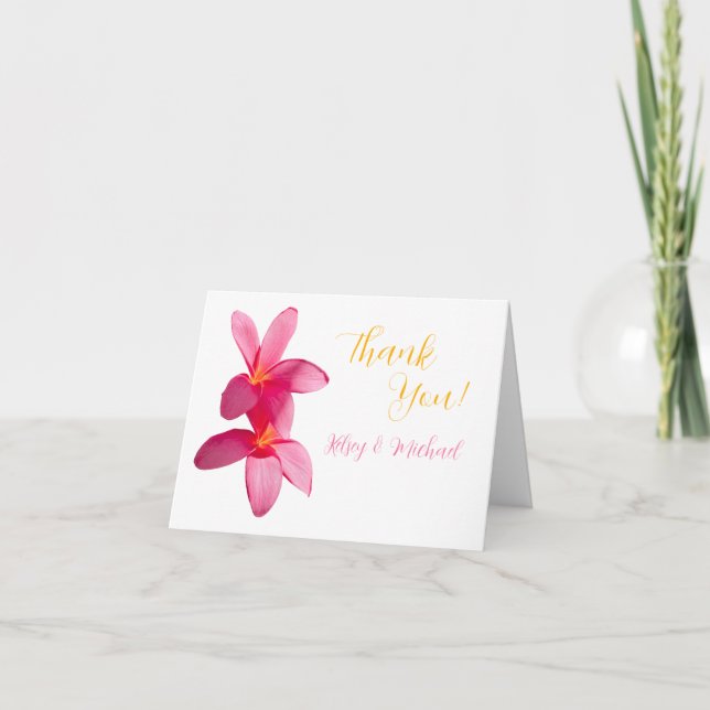 Carte De Remerciements Fleurs Plumeria Rose, Tropical, Mariage Floral, (Devant)
