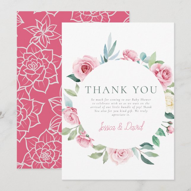 Carte De Remerciements Fleurs printanières Baby shower fille Cercle rose (Devant / Derrière)