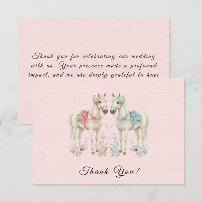 Carte De Remerciements Fleurs roses Aquarelle Cheval Mariage (Devant / Derrière)