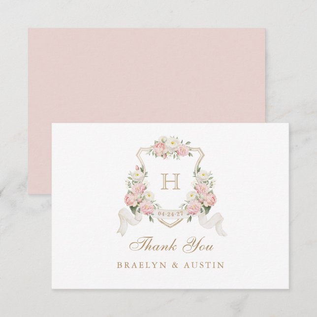Carte De Remerciements Fleurs Roses Blush Végétalisation Blason Monogramm (Devant / Derrière)