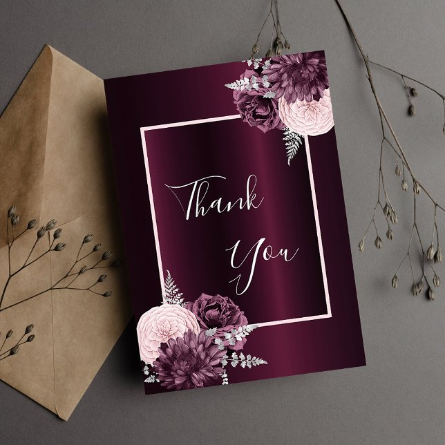 Carte De Remerciements Fleurs roses burgundy élégantes glamour (Créateur téléchargé)