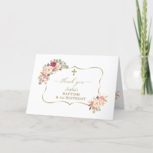 Carte De Remerciements Fleurs roses Cadre Or 1er Anniversaire Baptême