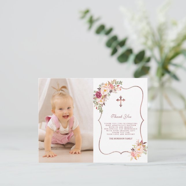 Carte De Remerciements Fleurs roses Charming Gold Photo Girl Baptême (Debout devant)