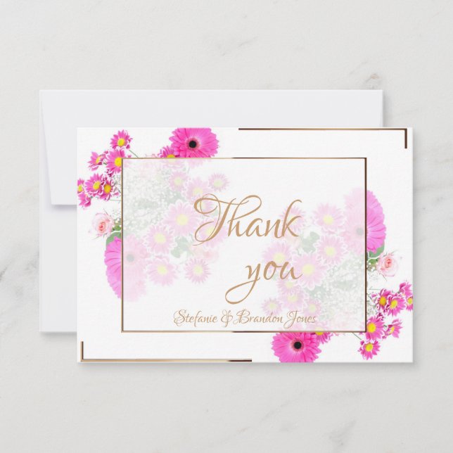 Carte De Remerciements Fleurs roses/Doré (Devant)